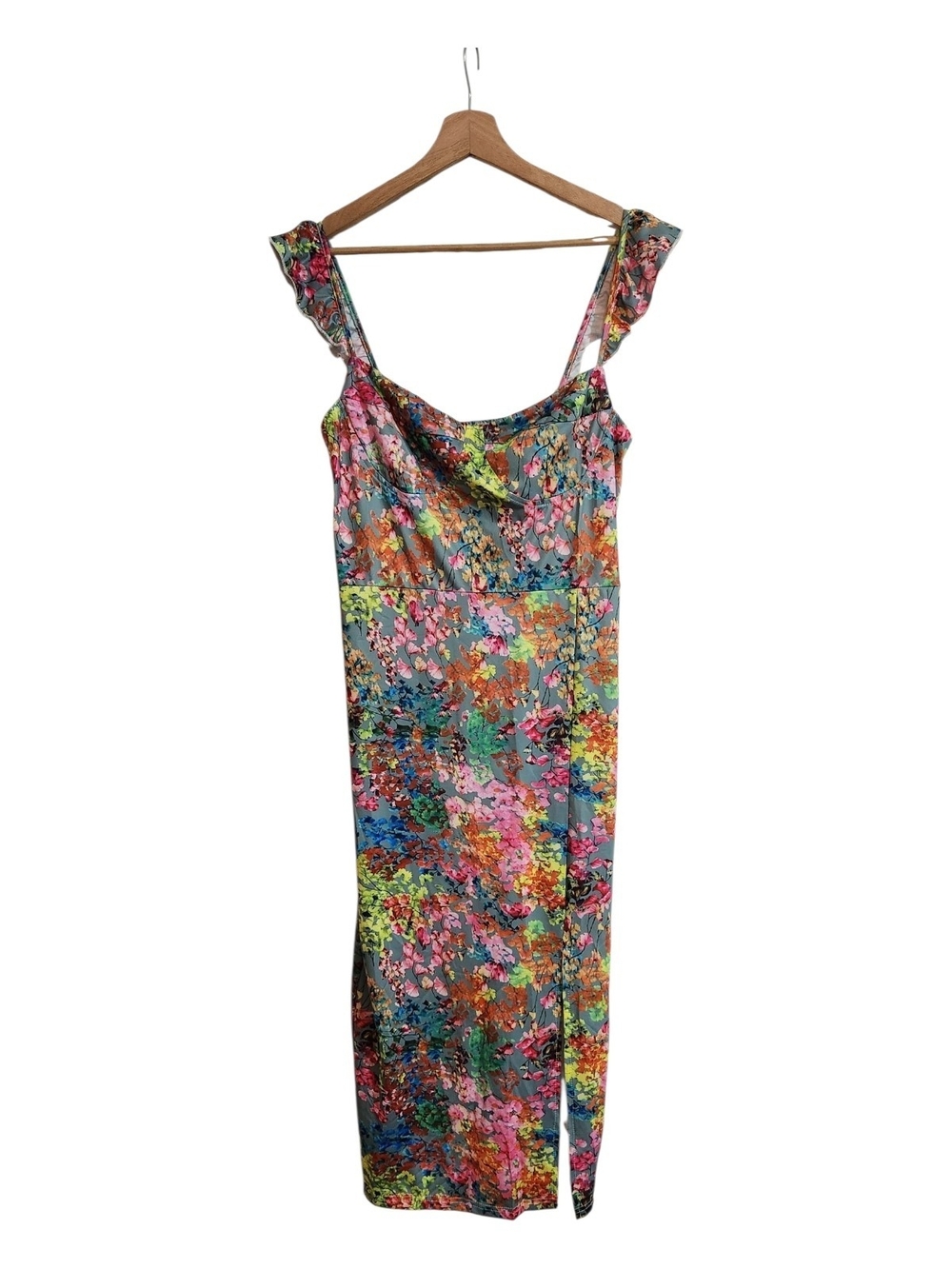 Sexy Multicolor Floral Slip Midi Dress with Ruffled Straps XL - Picture 1 of 6